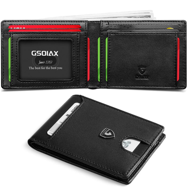 GSOIAX Slim Wallet for Men RFID Blocking Bifold Wallet Carbon Fiber Front Pocket Wallet with 11 Card Holder Minimalist Mens Wallet with Gift Box (Black-1) - Image 1